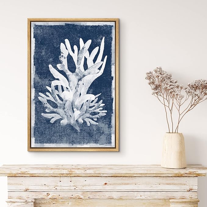 MUDECOR Framed Canvas Print Wall Art Watercolor Blot Long Ocean Coral Nature Wilderness Illustrations Modern Art Beach Colorful Ultra for Living Room, Bedroom, Office - 24"x36" Natural