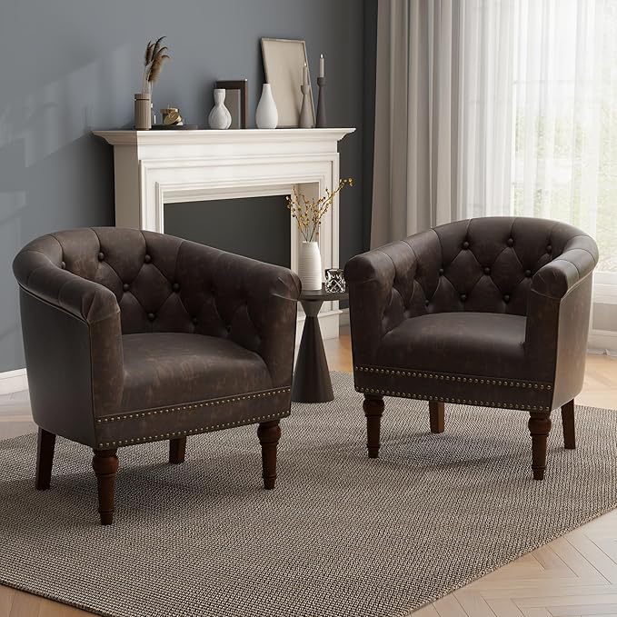 UIXE PU Leather Barrel Club Chairs Set of 4, Modern Arm Accnet Chair Comfy Upholstered Armchair, Nailhead Trim Living Room Single Sofa Reading Seat Bedroom Side Sitting for Office, Chocolate