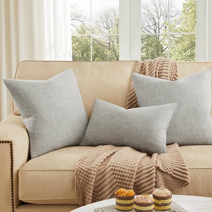 ZeeMart Rustic Cotton Linen Throw Pillow Covers Set of 2, 20x20 Inch Light Grey, Farmhouse Style Decorative Couch Pillow Cases Cushion Covers for Sofa Bed Living Room Home Decor