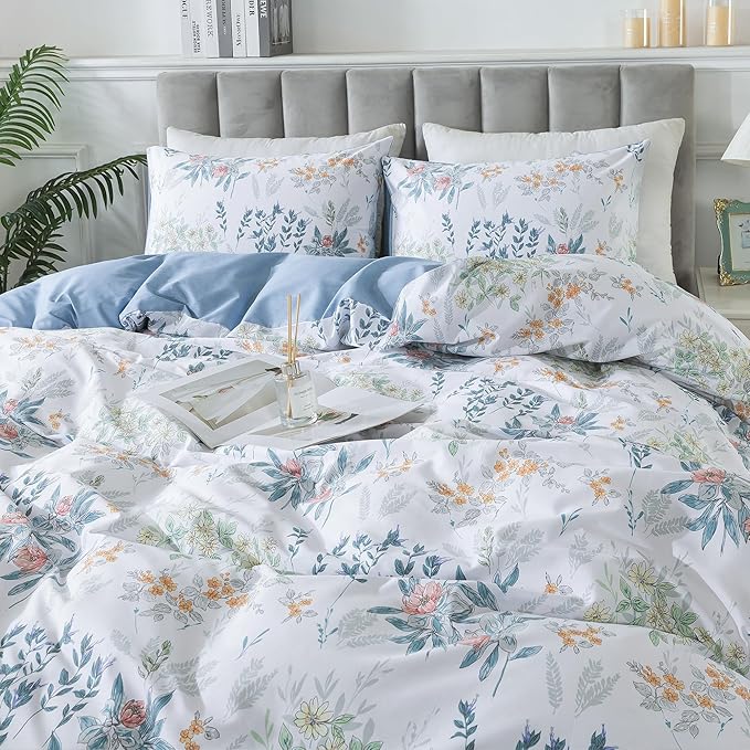 HoneiLife Floral Duvet Cover King - 100% Cotton Comforter Cover, Wildflower Bedlinen Set with Zipper Closure & Corner Ties, Botanical Comforter Cover Sets 3-pcs
