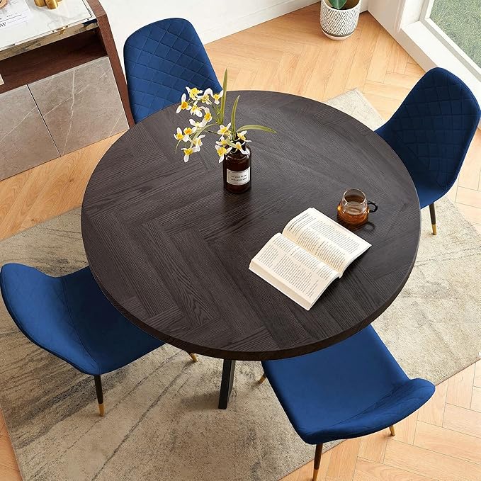 Mid Century Black Round Dining Table Set for 4, 37" Modern Small Kitchen Circle Table & 4 Velvet Side Chairs, Space Saving, Dinette for Home, Apartment, Dining Room, Navy Blue