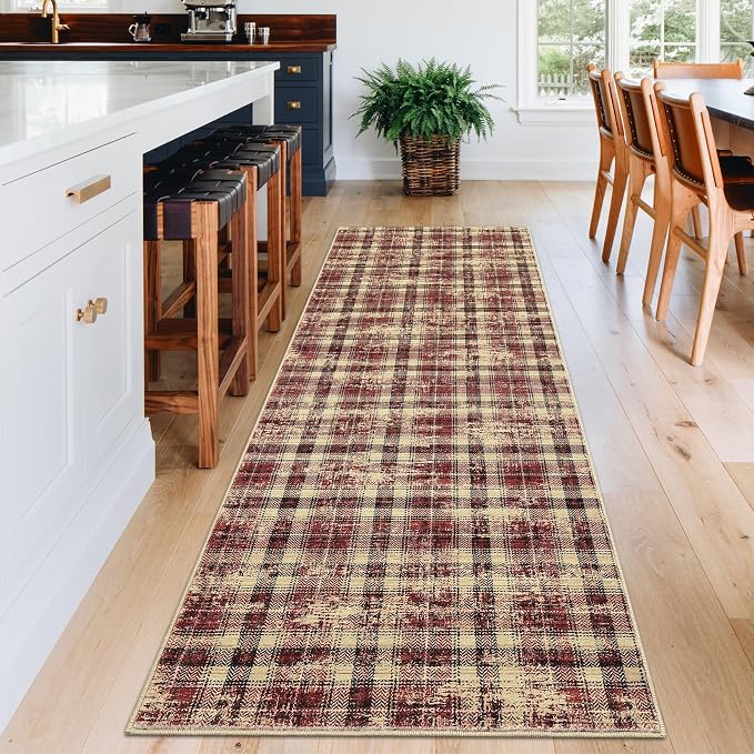 Washable Rugs 2x10 Runner Rug Modern Plaid Bathroom Rugs Non Slip Kitchen Runner Low Pile Entryway Rug Soft Runners Stain Resistant Carpet for Laundry Hallway Bedside 2'x10' Red
