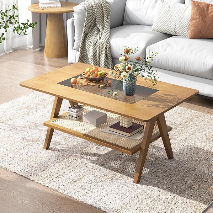 Mid Century Modern Coffee Table with Glass Top and Rattan Storage Shelf, Rectangular Natural Wooden Coffee Table, Unique Center Tables for Living Room Apartment Home, 39.4 Inch