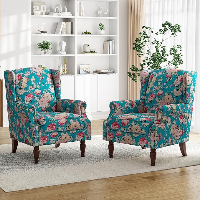 High Back Floral Accent Chair - Retro Wingback Upholstered Armchair with Nailhead Trim, Solid Wood Legs, Fabric Living Room Bedroom Reading Chair (Peacock Blue)