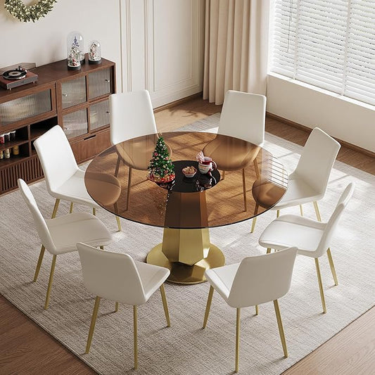 Montary 53 inch Luxury Round Dining Table Set with Smoked Glass Top & Gold Stainless Steel Base, Modern 9-Piece Kitchen Set for 4-8 People, Dining Table with 8 White PU Chairs, Easy Assembly