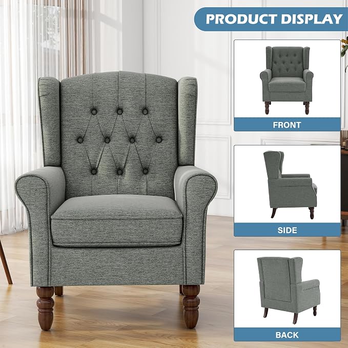 High Back Accent Chairs Set of 2, Upholstered Armchair in Fabric, Retro Wingback Arm Chair for Living Room, Comfy Single Sofa Bedroom Reading Seat with Solid Wood Legs - Dark Gray