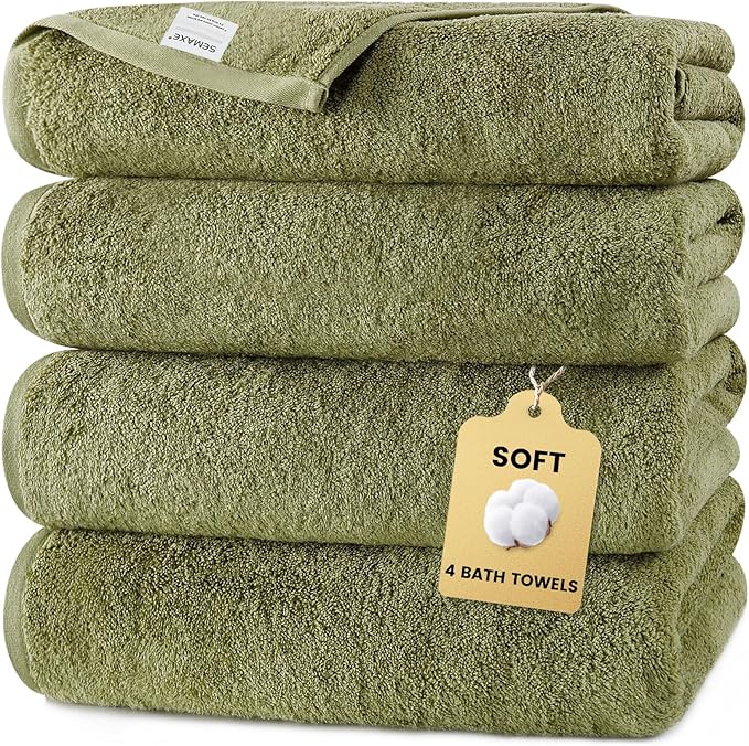 SEMAXE 4-Pack Luxury Bath Towels for Bathroom, 100% Cotton, Soft, Absorbent, and Quick-Drying, 55"x27", Green, Perfect for Hotels, Gyms, and Spas