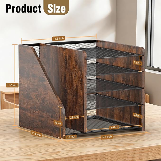 Desktop Storage with File Rack, 5-Layer Paper Letter Tray Storage, mesh Desktop Storage, and Storage Device with Office Supplies and Magazine Rack-Wood Grain
