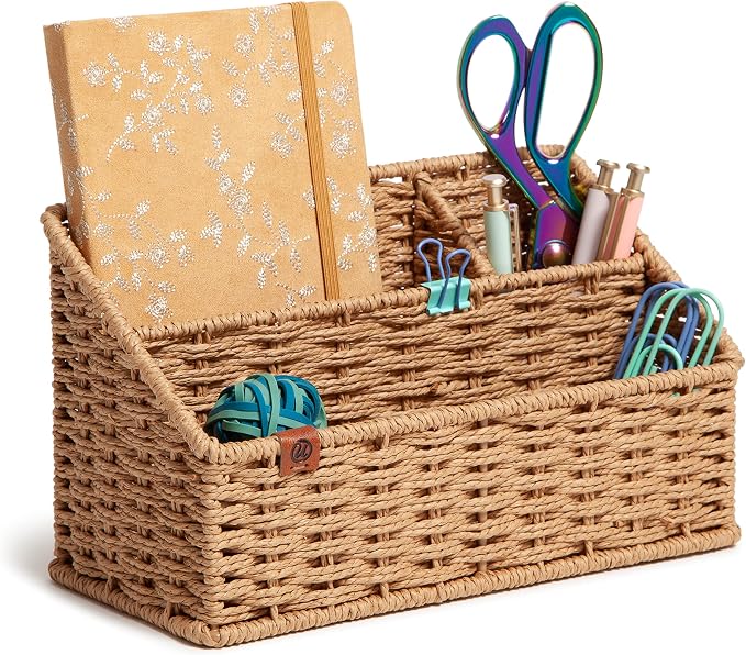 U Brands Woven All-in-1 Desk Organizer, Rattan-Inspired Wicker Style Office Organization Supplies, 1 Count, Brown