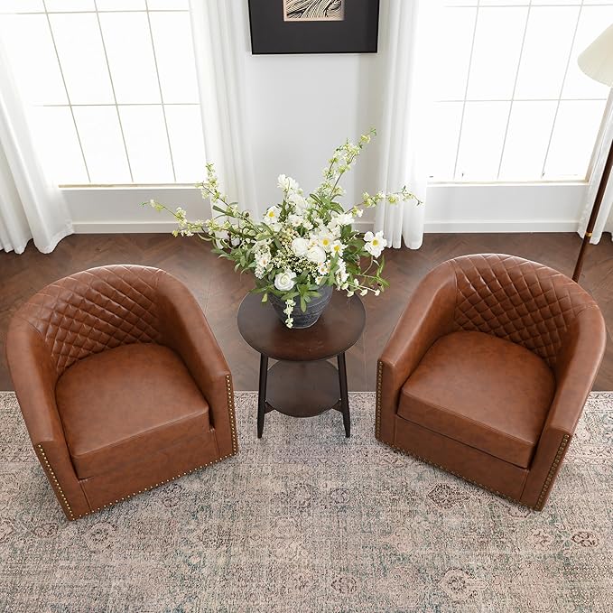 KINWELL 29" Wide Tufted Faux Leather Accent Chairs Set of 2, Small Swivel Barrel Chairs, Modern Round PU Leather Upholstered Armchairs with Nailhead Trim for Living Room Apartment, Brown