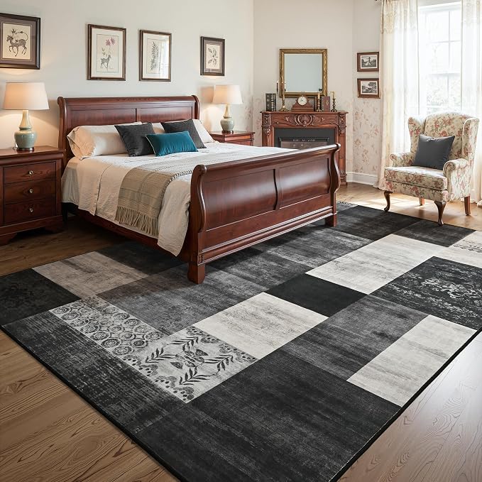 Tepook 5x7 Area Rugs for Living Room, Modern Large Geometric Rug for Bedroom, Washable Patchwork Rug Indoor Non Slip Throw Carpets for Dining Room Office Farmhouse Home Decor, Black and White