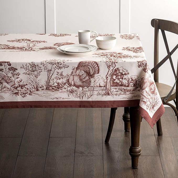 Maison d' Hermine Table Cloth Rectangle Table 100% Cotton 70 x 90 Inches Fall Tablecloth Reusable Everyday Use for Thanksgiving Christmas Decorations Dining Farmhouse Party (Holy Jouy - Brown)