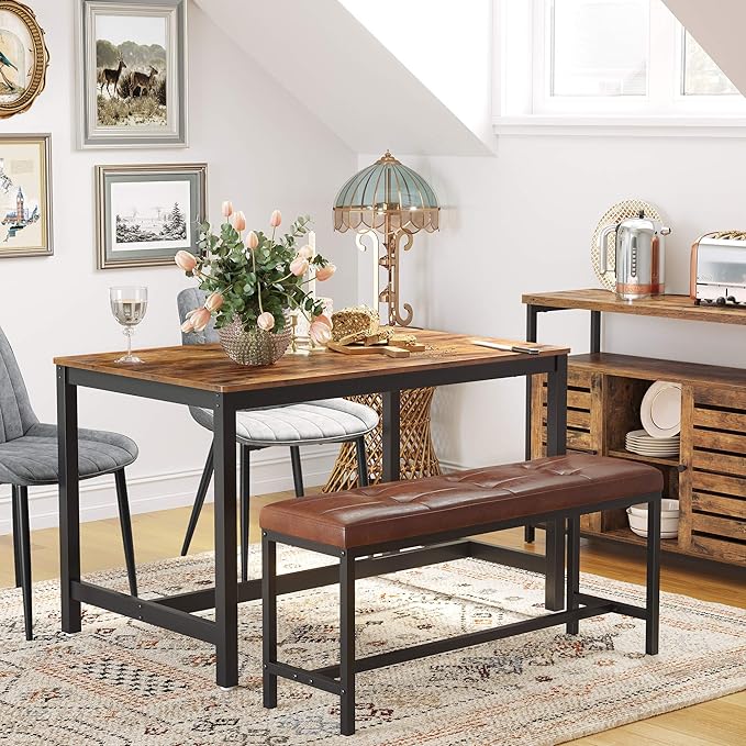 VASAGLE ALINRU Dining Table for 4 People, Kitchen Table, 47.2 x 29.5 x 29.5 Inches, Heavy Duty Metal Frame, Industrial Style, for Living Room, Dining Room, Rustic Brown and Black UKDT75X