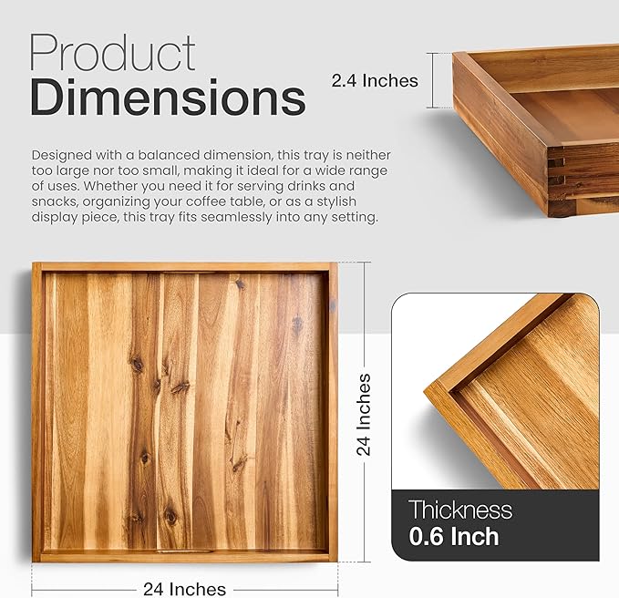 24 x 24 inch Acacia Wood Square Ottoman Tray – Large Wooden Tray for Ottoman, Extra Large Ottoman Tray for Living Room, Coffee Table & Decorative Use (Acacia Color)