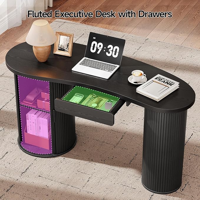 ONBRILL 59 Inches Fluted Office Desk with Storage, Bean-Shaped Computer Desk with Drawer, Mid-Century Modern Curved Corner Desk with Sliding Door for Work and Study,Black