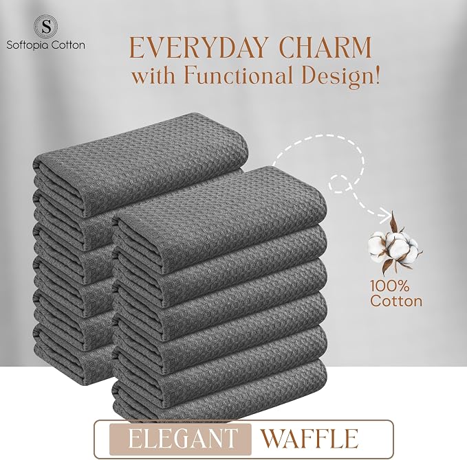 Gray Kitchen Towels – Waffle Weave, 100% Cotton, Soft & Absorbent, Fast Dry, Durable, 16x26 Inches, Perfect for Dish Drying, Bar, Cleaning, and Everyday Use, Set of 12, Grey