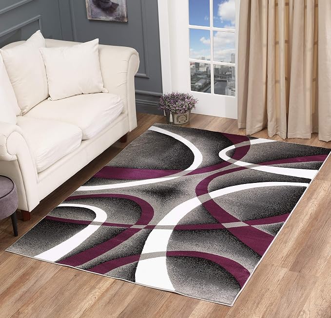 GLORY RUGS Modern Area Rug 4x6 Purple Swirls Carpet Bedroom Living Room Contemporary Dining Accent Sevilla Collection 4816A (Grey Purple)
