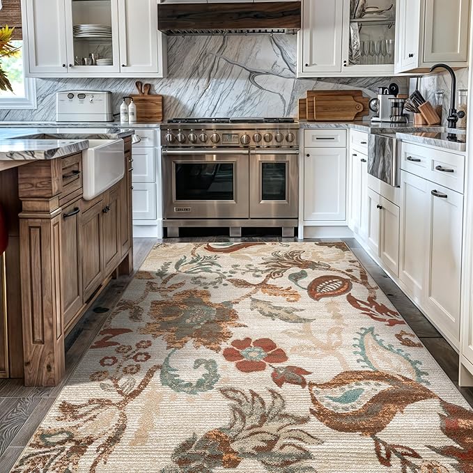 Rugshop Beige Floral Area Rug 4x6- Vintage Botanical Indoor Carpet for Living Room, Bedroom, or Dining Room – Non-Shedding, Soft Low-Pile Traditional Rug 4' x 6'