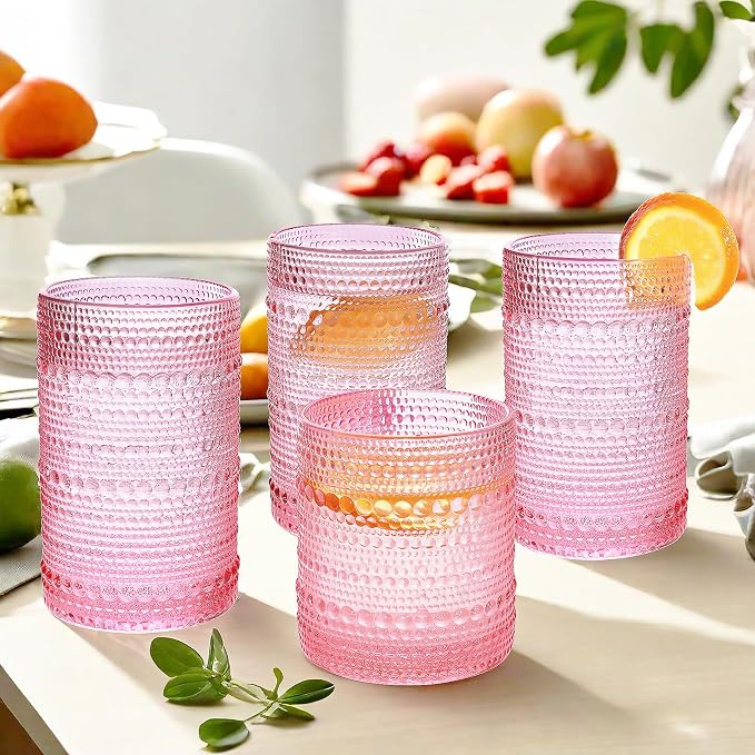 Vintage Hobnail Driinking Glasses Set, Glassware Drinking Set of 8, 12 oz Highball Glasses & 10 oz Cocktail Glasses, Tumbler Glasses for Cocktails, Whiskey, Juice, Milk