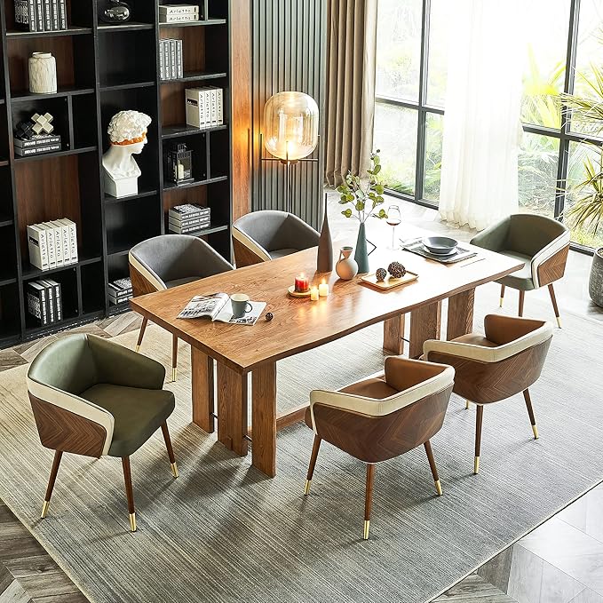 ARTPLAN Modern Upholsted Accent Dining Chairs Set of 2,Mid-Century Faux Leather with Walnut for Kitchen,Office Waiting Room Arm Sitting Chair, Beech Legs Dissassembly Adjustable Feet,Cream