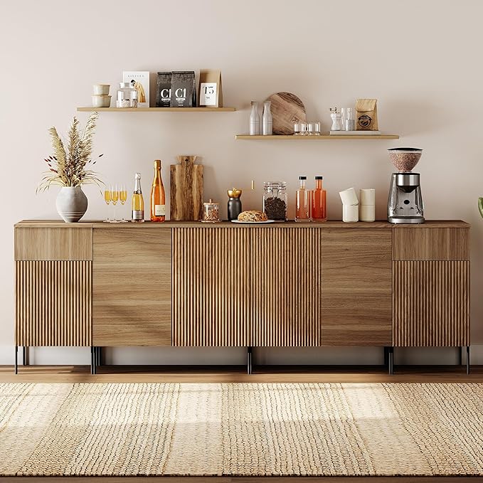WAMPAT 94.5" Buffet Sideboard Cabinet with 2 Drawers & 6 Doors,4-in-1 Fluted Storage Credenza with Charging Station,Modern Buffet Table Coffee Bar Wine Bar Cabinet for Dining Room, Living Room,Brown