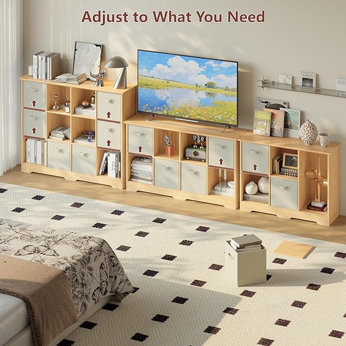 VORONOI 12 Cube Storage Organizer with 6 Fabric Drawers and Removable Shelves — Modular Cube Bookshelf for Bedroom, Living Room, or Home Office, Short Cube Bookcase for Toys, Decor,Natural Wood