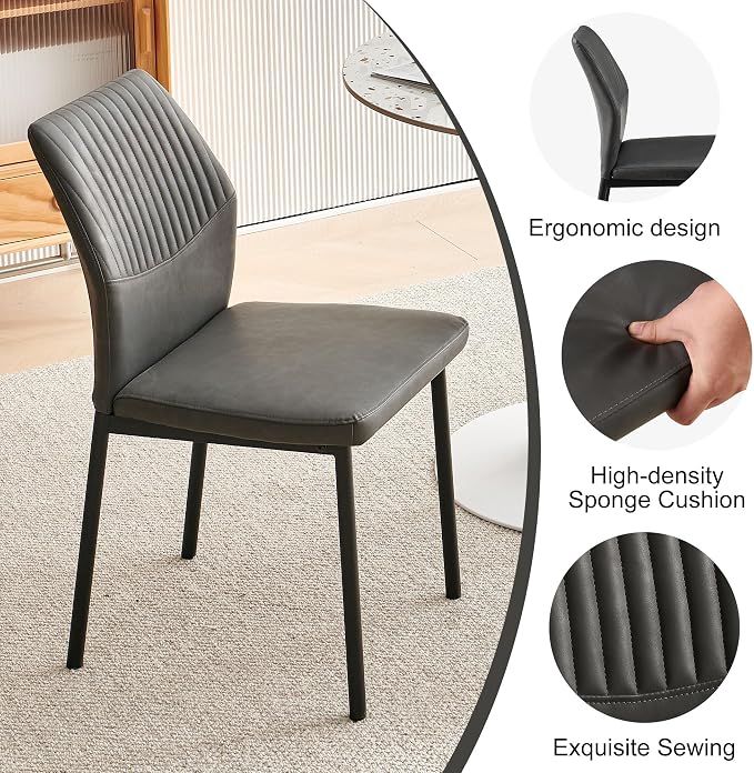 Dining Chairs Set of 6, Dark Grey PU Leather Dining Chairs, Comfortable Upholstered Armless Kitchen Chairs with Black Metal Legs for Living Room, Dining Room, Kitchen