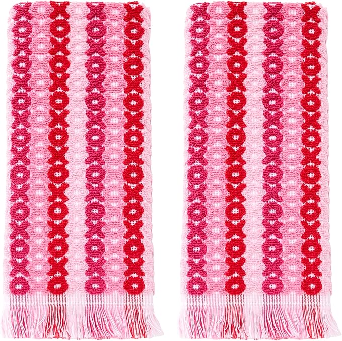 SKL Home Valentine's Day XOXO Jacquard 100% Cotton 2pc Hand Towel Set, Decorative for Bath/Kitchen/Bar & Gift, Pink
