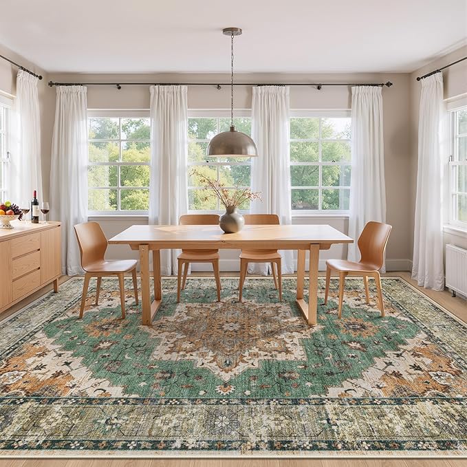 Area Rug 8x10 Vintage Rug: Large Washable Indoor Medallion Rugs Low Pile Distressed Floor Carpet Retro Accent Rug for Living Room Bedroom Kitchen Dining Table Home Office(Brown Green, 8'x10')