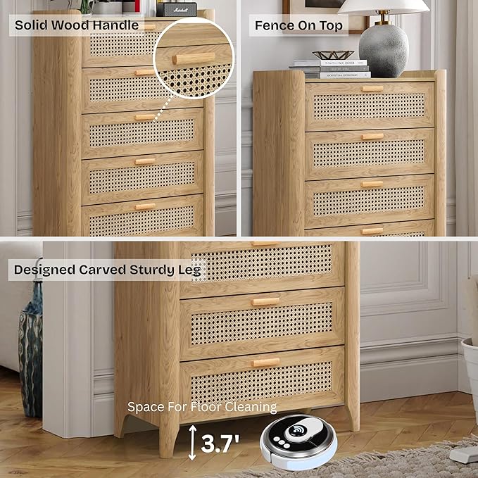ELISA HOME Rattan-Inspired 5 Drawers Dresser for Bedroom, 47.2" Tall Dressers, Wood Drawer Organizer for Clothes, Entryway, Hallway, Nursery or Living Room, Oak