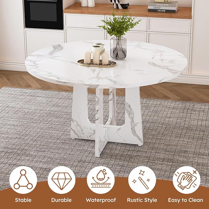 47" Round Dining Table for 4-6,White Faux Marble Dining Room Table,Modern Kitchen Table with Cross Legs for Dining Room Kitchen