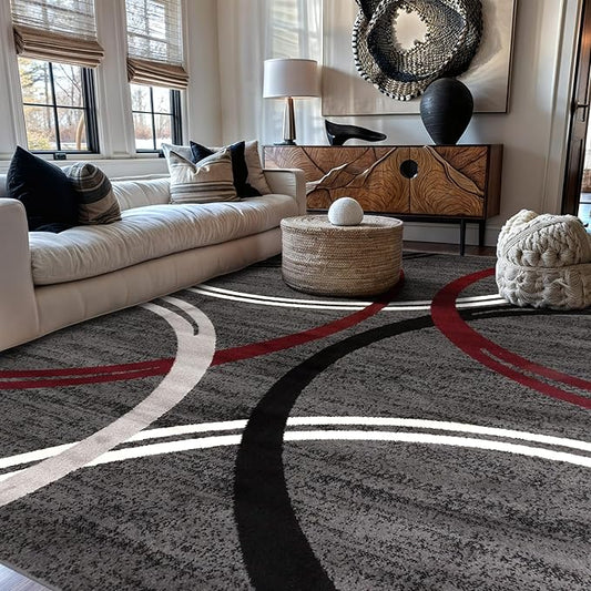 Rugshop Modern Wavy Circles Design Non-Shedding Area Rug, Carpet for Living Room or Dining Room, Red, 6'6" x 9'