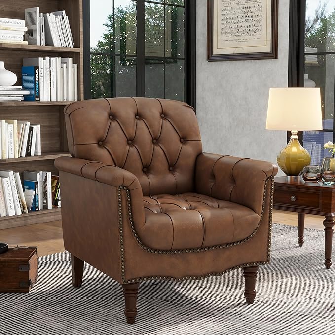 Lumibee Faux Leather Armchair, Contemporary Accent Chair with Nailhead Trims & Wood Legs for Living Room, Upholstered Comfy Arm Chair for Office,Bedroom-Brown