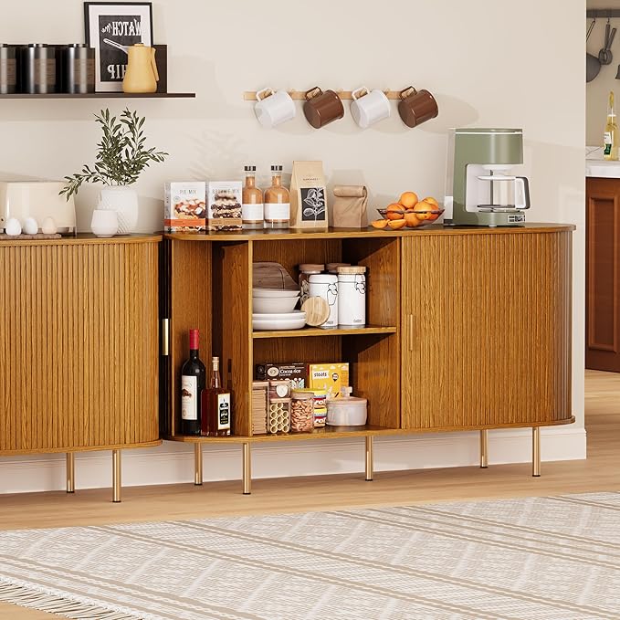 DHH Sideboard Buffet Cabinet with Storage,Mid Century Modern Fluted Accent Coffee Bar Console Table,Tambour Sliding Doors& Adjustable Shelf for Kitchen, Living Room, Entryway(Yellow Walnut 55 Inch)