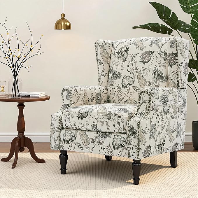 Wingback Chair, High Back Floral Accent Chair in Fabric, Comfy Upholstered Armchair with Nailhead Trim for Living Room, Single Sofa Reading Chair for Small Spaces, Bedroom-Plants Beige