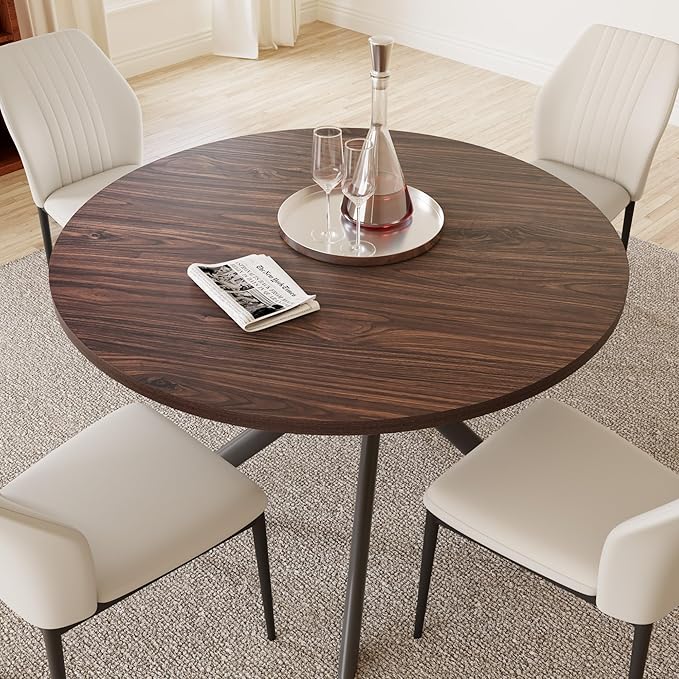 HIPIHOM 45.3'' Walnut Round Dining Table Set for 4, Mid Century Modern Small Coffee Set for Dining Room Kitchen Apartment (Dark Walnut Table + 4 White Chairs)
