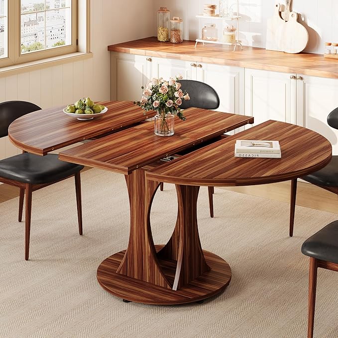 Einhomn 59" Extendable Round Dining Table for 6-8, Kitchen Table with Sturdy Double Arc Base & Backboard Clasp Desktop, Mid-Century Modern Dinner Table, Kitchen Dining Room, Space Saving, Walnut