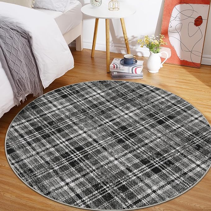 Tartan Plaid Washable Rug, Soft Round Rugs 5ft Circle Carpets for Bedroom Modern Ultra-Thin, Circular Carpet for Living Room Nursery Dorm Bedside, Black