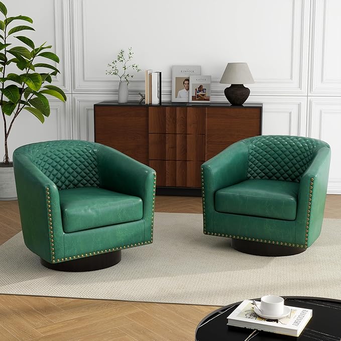 Swivel Barrel Accent Chair, Comfy Modern Upholstered Round Faux Leather Arm Chair for Living Room, Bedroom（Green, Set of 2