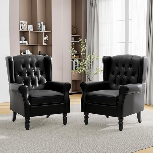 Pia Ricco Set of 2 Mid-Century Modern Wingback Accent Chairs - Luxe Black Faux Leather with Wooden Legs | Easy-Clean PU Leather for Living Room, Lounge, Home Theater & Dining Room