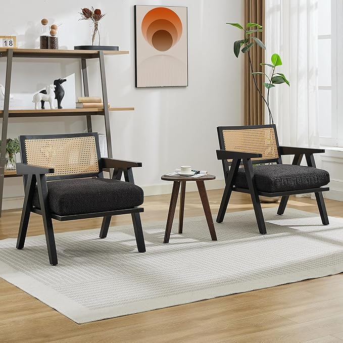 Mid Century Modern Accent Chair, Comfy Living Room Chairs with Sturdy Wood Legs, Rattan Backrest & Beige Thick Linen Cushion, Armchair for Bedroom Balcony Apartment, Black (2 PCS)