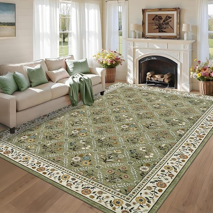 GarveeHome 6x9 Machine Washable Area Rugs for Living Room Floral Stain Resistant Soft Carpet Vintage Low Pile Non Slip Non-Shedding Floor Carpet Rugs for Bedroom Nursery Green