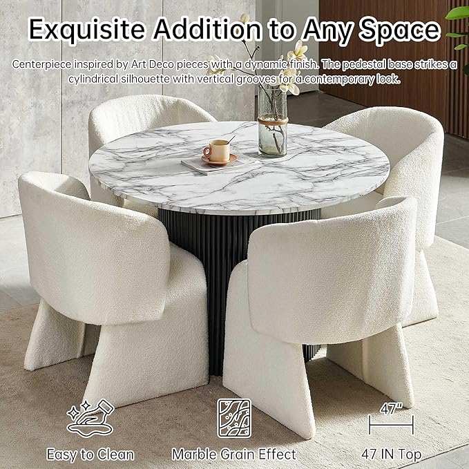 NORDICANA 5-Piece Round Dining Table Set for 4, Modern 47-Inch Kitchen Table and Chair Set, Dining Set with Off White Upholstered Armchairs, Manufactured Wood Top with White Marble Effect Finish
