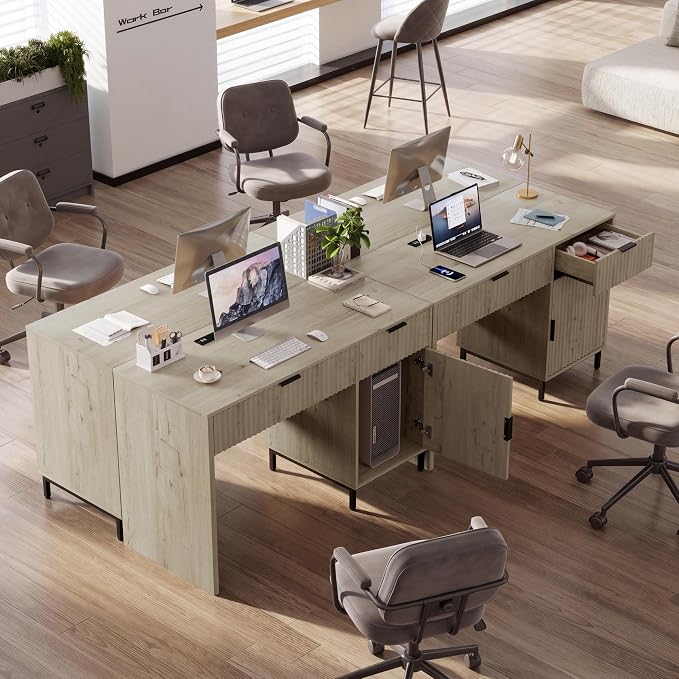 47" Home Office Desk with Fluted Drawers, Wood Exectuive Desk with Storage Cabinet, Charging Station, Metal Legs Modern Farmhouse Computer Desk for Work, Study Light Oak