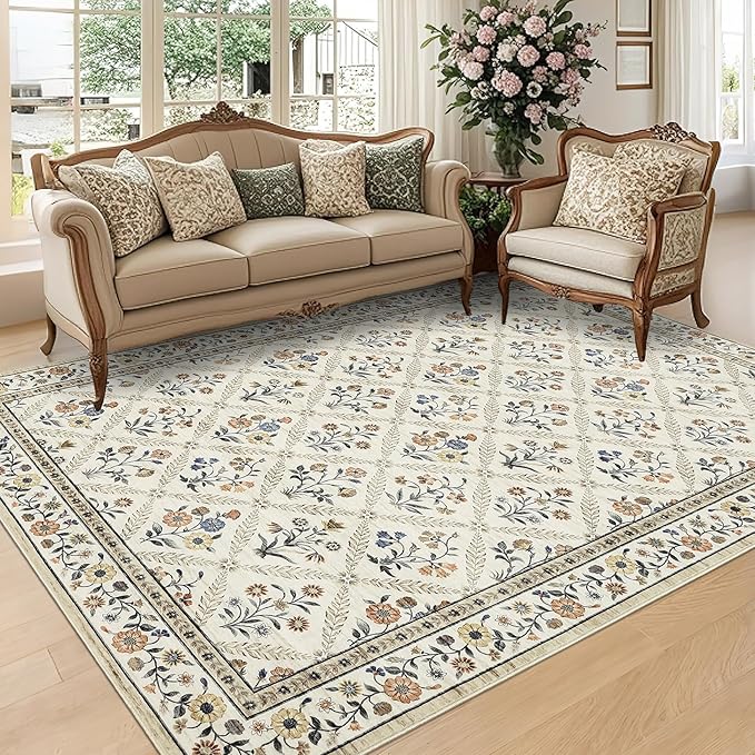 GarveeHome Large Entryway Rug 3x5 Floral Washable Area Rugs Vintage Soft Non-Slip Small Floor Carpet Doormat Stain Resistant Low-Pile Ultra-Thin Entry Mat for Bedside Kitchen Beige