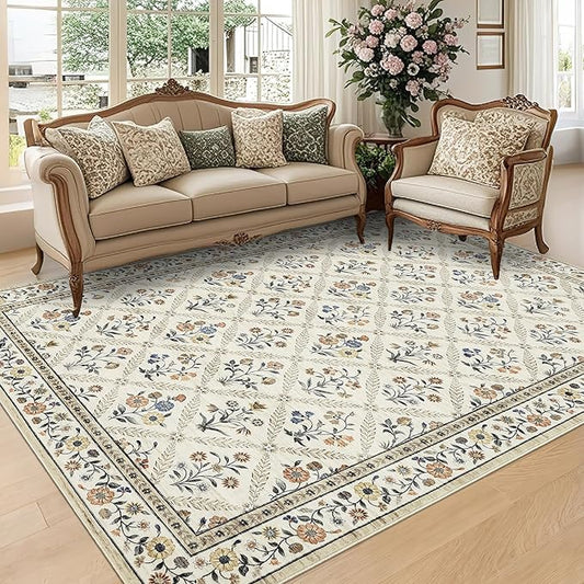 GarveeHome Large Entryway Rug 3x5 Floral Washable Area Rugs Vintage Soft Non-Slip Small Floor Carpet Doormat Stain Resistant Low-Pile Ultra-Thin Entry Mat for Bedside Kitchen Beige