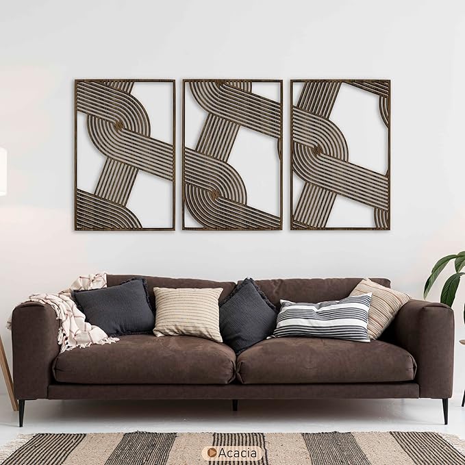 Abstract Wood Wall Art Set of 3, Geometric Overlapping Stripe Pattern, Large Mid Century Modern Wooden Panels, Minimalist Home Decor Gift