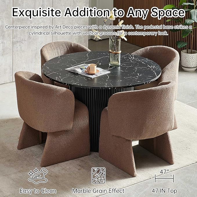 NORDICANA 5-Piece Round Dining Table Set for 4, Modern 47-Inch Kitchen Table and Chair Set, Dining Set with Brown Upholstered Armchairs, Manufactured Wood Top with Black Marble Effect Finish