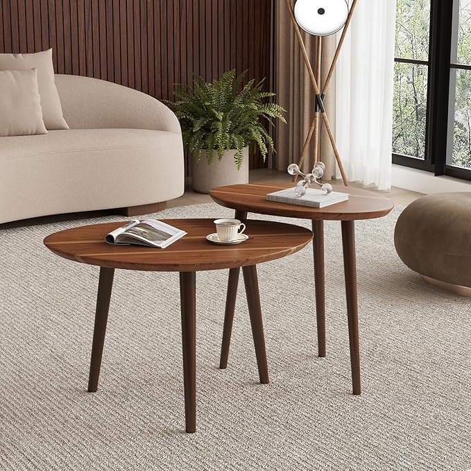 Small Oval Coffee Tables Set,Acacia Wood Tabletop Nesting Tables（25.6"x17.7"+17.7"x13.4" for Living Room Small Spaces Office,Easy Assembly Minimalist Walnut Mid Century Modern Coffee Table