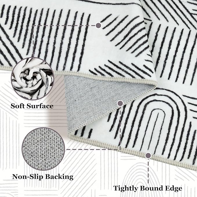 MUJOO 2x6 Runner Rug Washable,Mid Century Modern Abstract Non Slip Low Pile Runner Rug,White and Black Rug for Hallway Kitchen Entryway